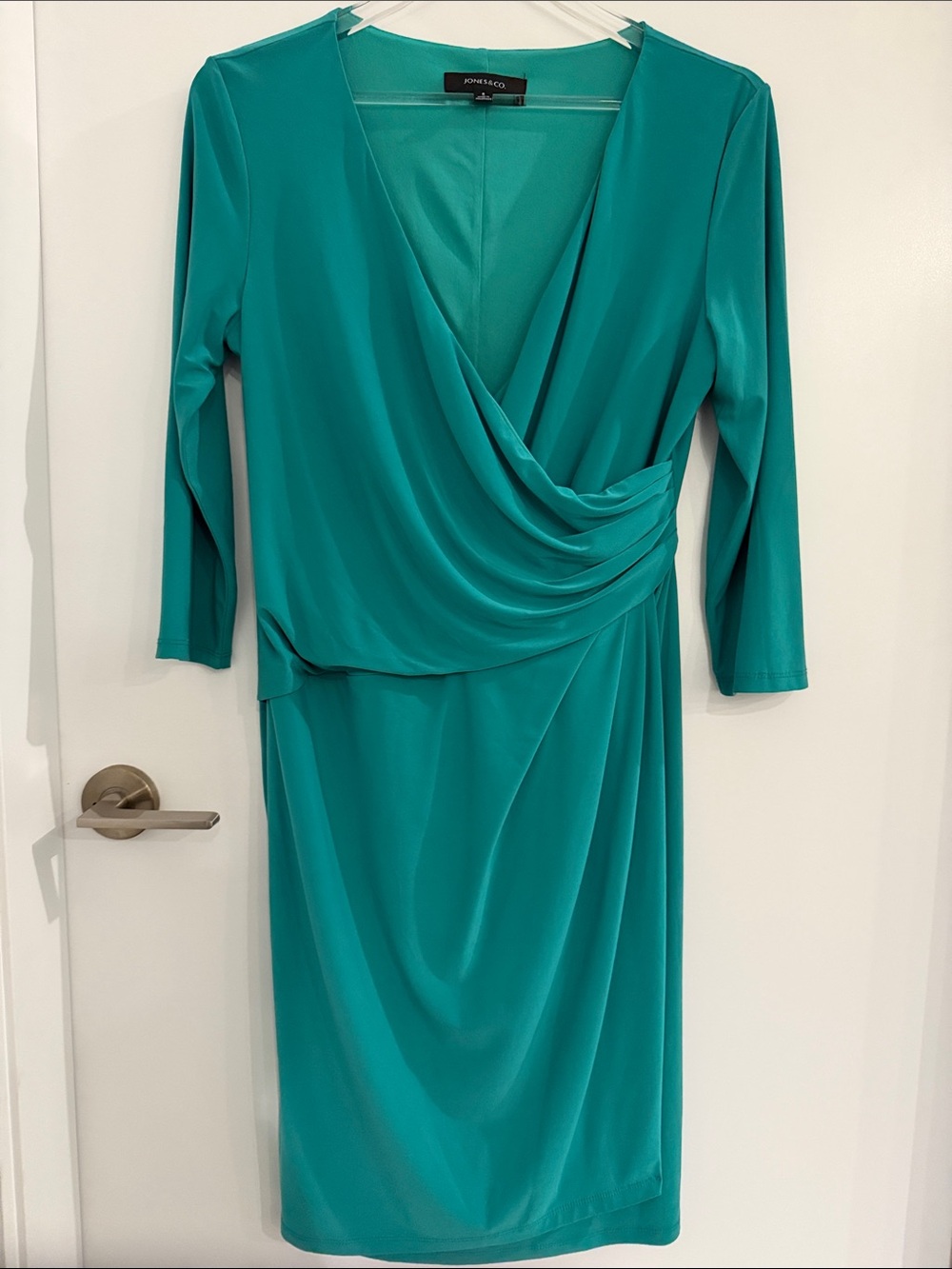 Jones & Co. - Teal Faux-Wrap Long Sleeve Dress
